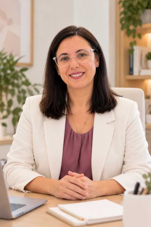 María Inmaculada de la Hera Retegui, sentada junto a su escritorio, con las manos apoyadas sobre la mesa.